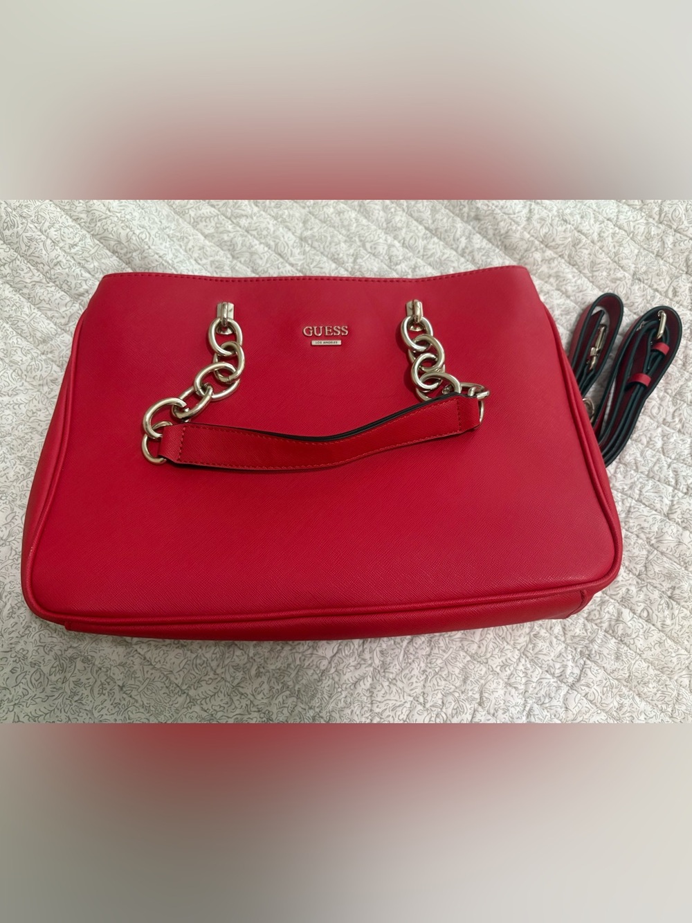 GUESS Red Shoulder Tote with Silver Chain Handles + Cross Body Strap